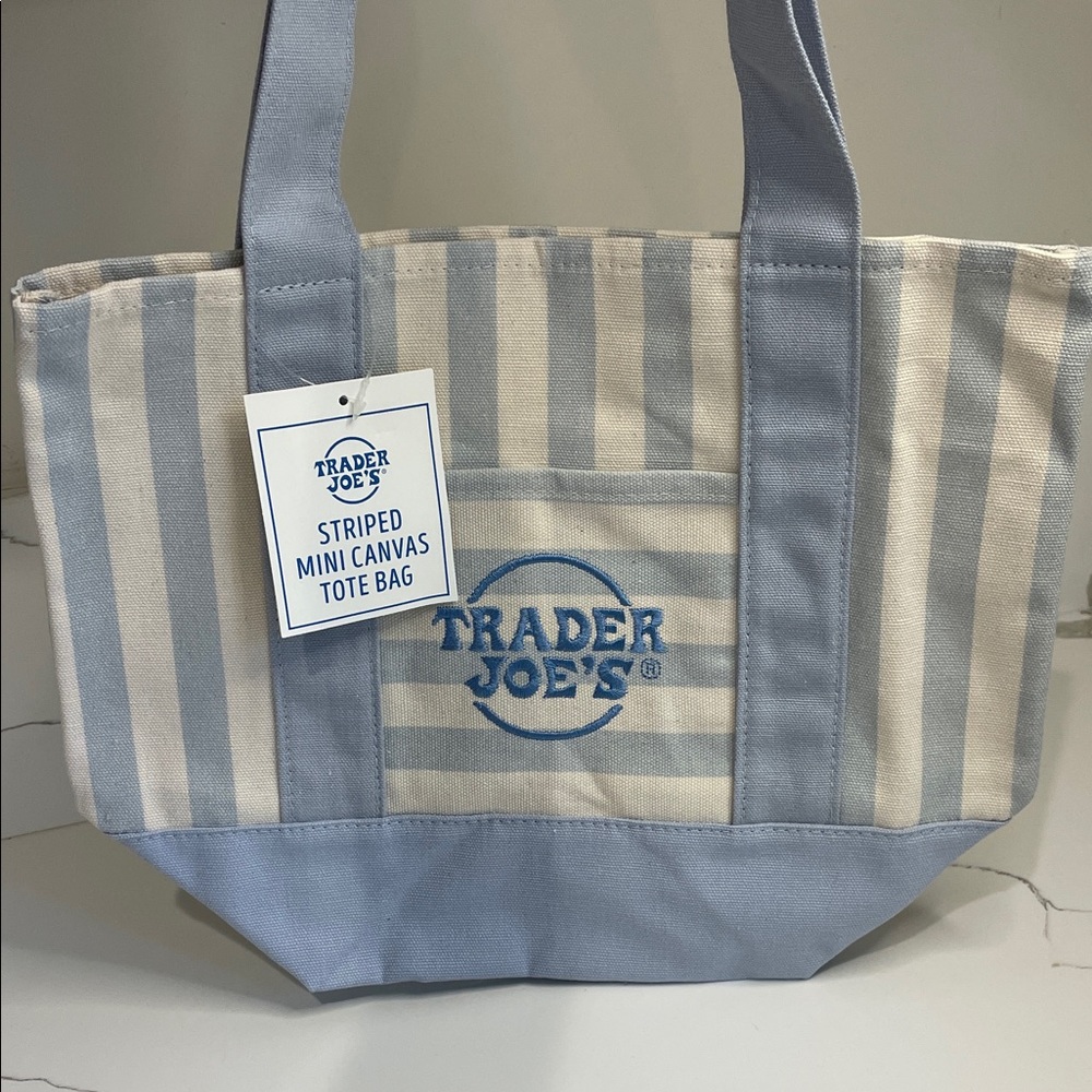 Trader Joe's Striped Mini Canvas Tote in Light Blue and Cream